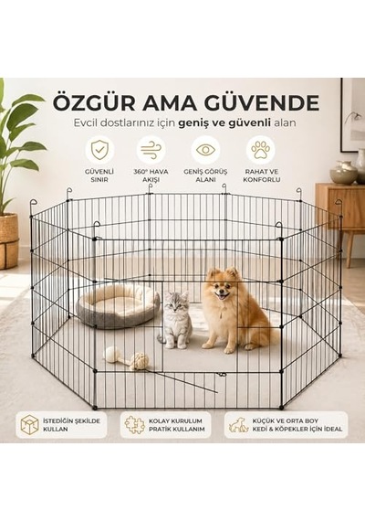 Metal Kedi Köpek Çiti Oyun Alanı, 6 Adet Dayanıklı Metal Panelli 360 Derece Hava Alan Modüler Altıgen Dikdörtgen Duvar Kenarı Şekilli Kediler Ve Küçük Orta Boy Köpekler İçin Oyun Yaşam Alanı