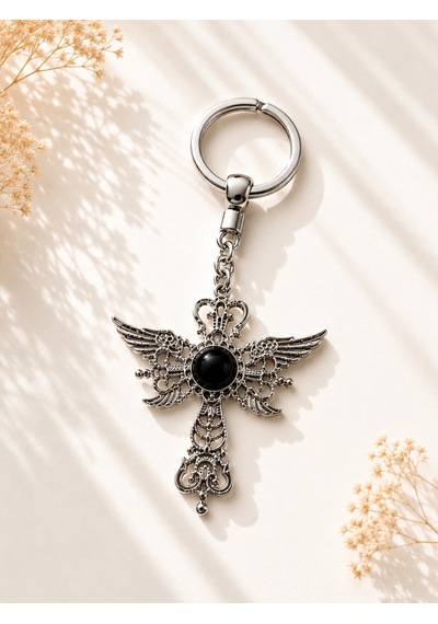 Gotik Kanatlı Haç Anahtarlık Siyah Taş Detaylı Vintage Çanta Aksesuarı