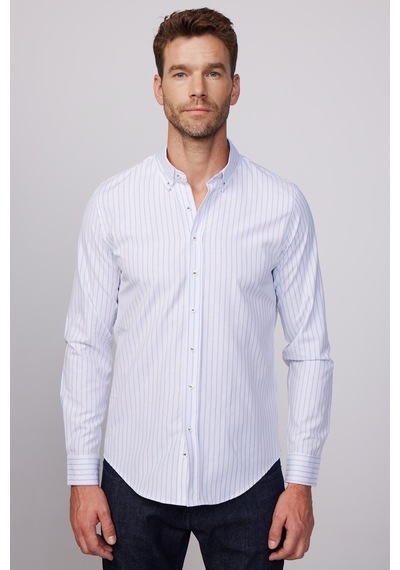 Tudors Slim Fit Uzun Kollu Çizgili Yaka Düğmeli Erkek Gömlek-28526 Çok Renkli