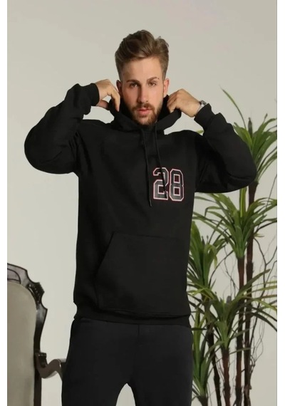 Erkek Oversize Üç İplik Kapüşonlu Sweatshirt Sırt Ve Ön Baskılı, Kanguru Cepli, Rahat Kalıp Maskot Siyah