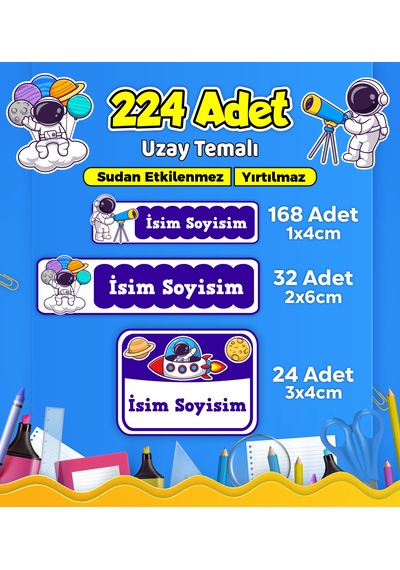 Uzay Temalı Okul Kreş Kişiye Özel İsim Etiket Seti - Model 533 Çok Renkli