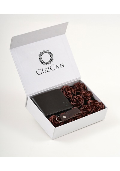 Premium Gift Rose Box - Joseph Kahverengi Hakiki Deri Cüzdan - Anahtarlık Ve Kahverengi Gül Kutusu Kahverengi