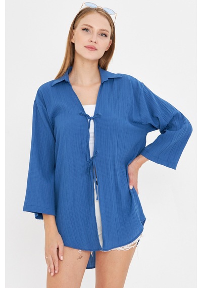 Armonika Kadın Koyu Mavi Gömlek Yakalı Önden Bağcıklı Kimono Gömlek Arm-25k001006