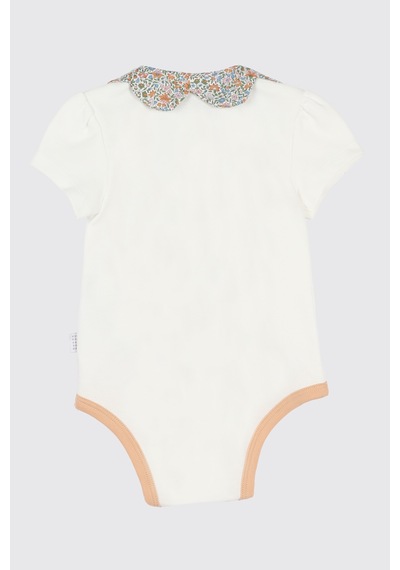 Panço Liberty Kumaş Yakası Çiçek Detaylı Kısa Kollu Yenidoğan Body Beyaz 5611GN03001