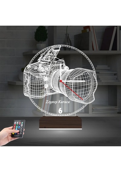 Luvivia Fotoğraf Makinesi Fotoğrafçı Hediye Kişiye Özel Saatli 3d Lamba - Masa Gece Lambası Şeffaf