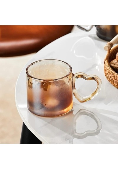 Çiftlere Özel Kalp Kulplu 2 Li Kalın Cam Kupa Fincan Takımı Amber Amber