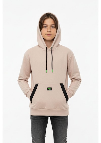 Kapüşonlu Kanguru Cepli 2 İplik Mevsimlik Erkek Çocuk Sweatshirt-90939 Bej