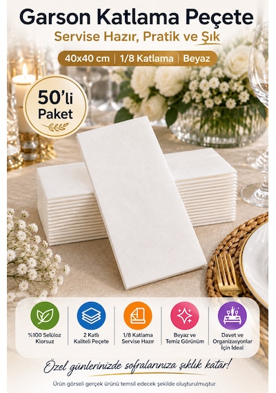 40x40 Cm Beyaz Garson Katlama Peçete 2 Katlı 1/8 Katlı 50 Adet Düğün Davet Catering Servis Peçetesi