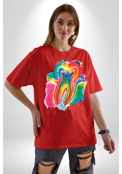 Diş Doktoru Diş Anatomisi Özel Tasarım Pamuklu Bisiklet Yaka Unisex Oversize Boyfriend Dijital Baskılı Kırmızı T-shirt Kırmızı