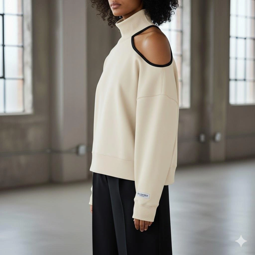 Afri Modern Açık Omuz Tek Omuz Balıkçı Yaka Kadın Sweatshirt - Krem Rengi Krem