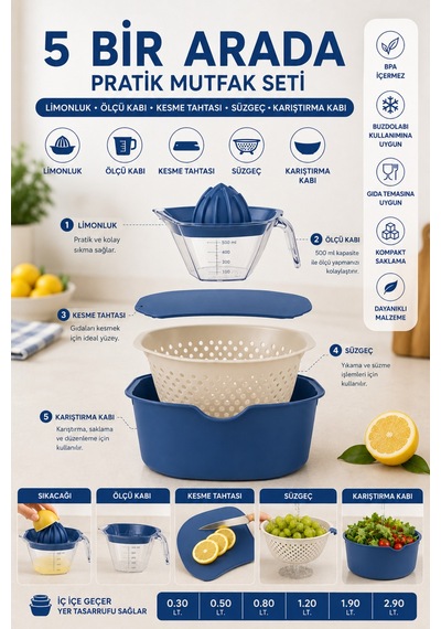5 Parça Mutfak Seti Karıştırma Kabı Salata Kasesi Kesme Tahtası Limon Sıkacağı Ölçü Kabı Süzgeç Yeşil Lacivert - 899892244 Lacivert 5 Parça Mutfak Seti Karıştırma Kabı Salata Kasesi Kesme Tahtası Limon Sıkacağı Ölçü Kabı Süzgeç Yeşil Lacivert - 899892244 Lacivert