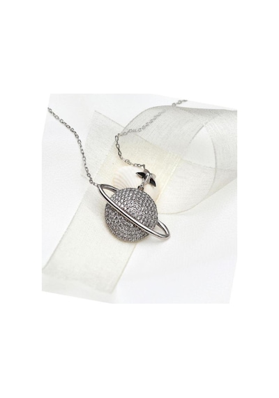Brezza Lusso Jewelry Gezegen Kolye Beyaz Taşlı Gümüş Kadın Kolye 45 CM
