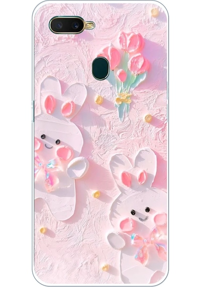 Oppo A5s-ax7-a12 Uyumlu Sevimli Tavşanlar Baskılı Silikon Kılıf Renkli