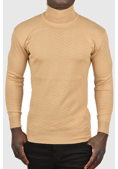 Deepsea Erkek Camel Zigzag Desenli Tam Balıkçı Yaka Dar Kesim Boğazlı Triko Kazak 2505497 Camel