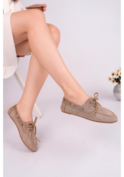 Nesilshoes Nesil Shoes Gabbel 300 Vizon Süet Bağcıklı Kadın Babet