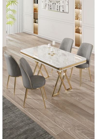 Canisa Vals Serisi 80x130 Lak Panel Beyaz Mermer Desen Masa Takımı Gold Ayaklı 4 Gri Sandalye Masa Beyaz Mermer Desen Sandalye Gri Canisa Vals Serisi 80x130 Lak Panel Beyaz Mermer Desen Masa Takımı Gold Ayaklı 4 Gri Sandalye Masa Beyaz Mermer Desen Sandalye Gri