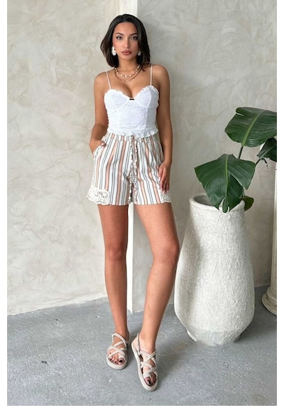 Verymoda Paça Dantelli Çizgili Şort I Vmd2393 Pudra