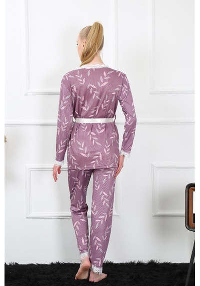 İbrahim Burak Etiler Collection Moda Çizgi Kadın 3'lü Lila Sabahlık Pijama Takım 16103