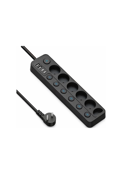 6 Lı Ayrı Anahtarlı Akım Korumalı Priz 3680w 16a 2 Usb 2 Type-c 2 Metre Kablolu Çoklu Priz 3 M