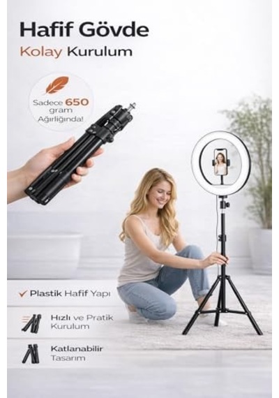 Universal Girişli Ring Light Tripodu 2.1 Metre Ayarlanabilir Işık Standı Katlanabilir Hafif Tripod, Telefon Tutu