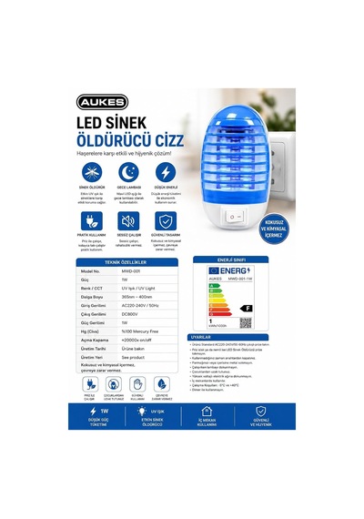 Aukes Led Sinek Öldürücü Cizz, Uv Işık Teknolojisi, Sessiz Çalışma, Gece Lambası, Priz Tipi, İç Mekan, Model Mwd-001