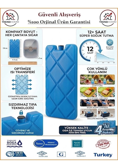 Trendhomm Buz Aküsü - Buz Kaseti - İçleri Erimeye Karşı Özel Sıvı Doludur - 4 Adet