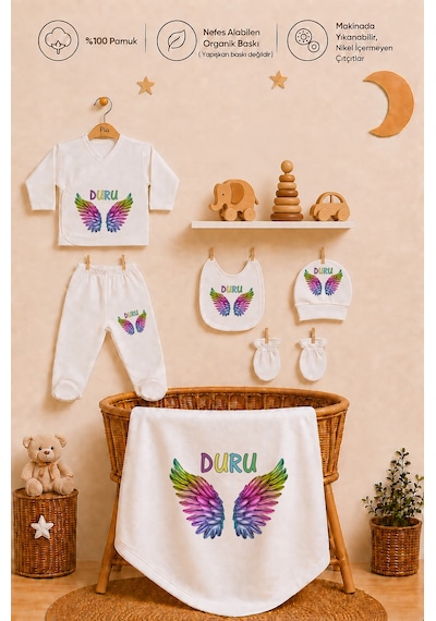 Pia Baby Kız Bebek Hastane Çıkışı 10 Parça %100 Pamuk İsimli Kişiye Özel Organik Baskılı Set 205110yx Ekru