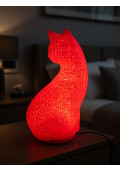 Dekoratif Kedi Figürlü Gece Lambası 3d Yazıcı Baskı Hediyelik Masa Lambası Aydınlatma 23cm Kırmızı