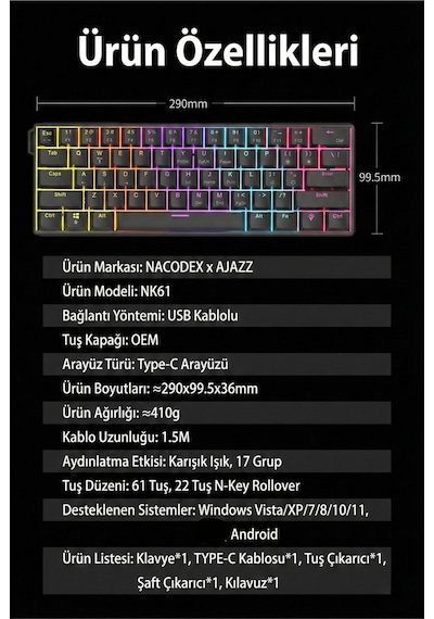 Ajazz Nk61 Red Switch Kablolu Hot-swap Klavye Rainbow Aydınlatma Taşıma Bandı Beyaz