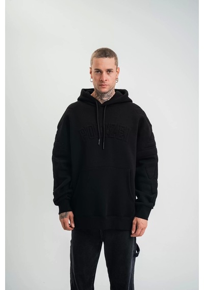 Double Oversize Kapşonlu Nakışlı Sweatshirt - Siyah Siyah
