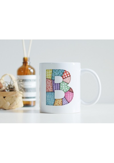 B Harfi Renkli Yamalı Tasarım Kupa Bardak - Bohem Patchwork Desenli Kupa - Etnik Hediyelik Beyaz