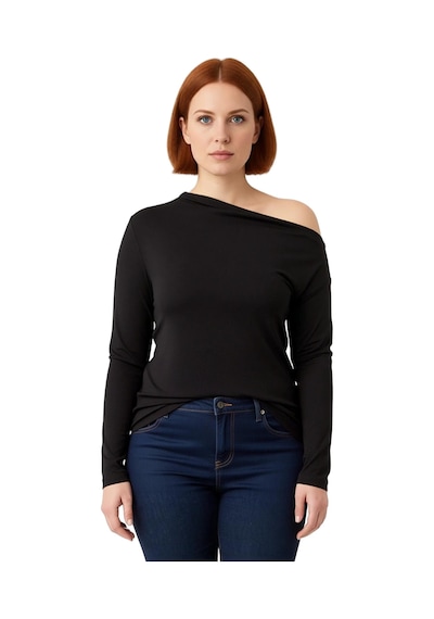 Ersefa Kadın Ekru Viskon Ribana Basic Bluz Asimetrik Yaka Cool & Comfort siyah