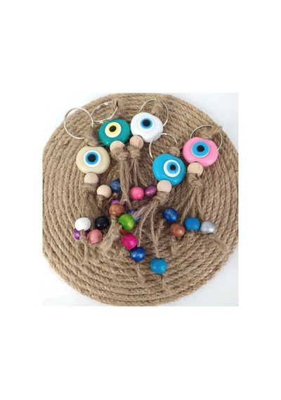 5 Adet Anahtarlık Karışık Renkli Kötü Göz Kovucu Nazar Hand Made Hasır Renkli Ahşap Boncuklu Nazarlık Çanta Araba Süsü