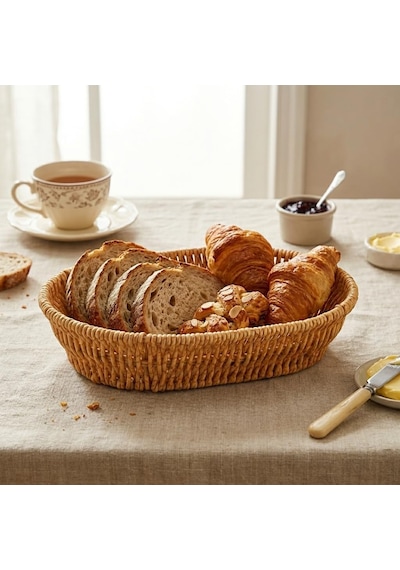 El Yapımı Doğal Hasır Sepet - Oval Ekmeklik Ve Çok Amaçlı Düzenleyici 25,50x18x6 Cm Çok Renkli