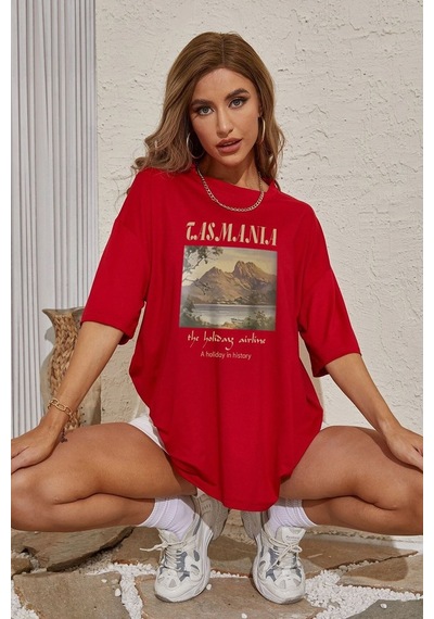 Unisex Tasmania Baskılı T-shirt Kırmızı