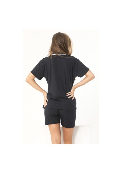 SUDE HOMEWEAR Siyah Renk Biyeli Pamuklu Kısa Kol Şort Pijama Takımı Siyah