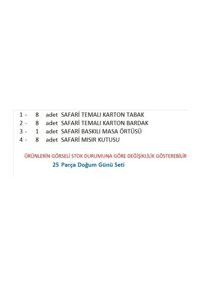 Safari 8 Adet Tabak, 8 Adet Bardak, Masa Örtüsü, 8 Adet Mısır Kutusu