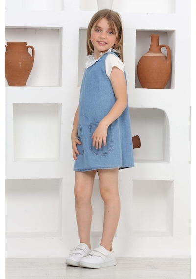 Kız Çocuk 2'li Jean Elbise Çift Cepli Jean Elbise+bluz 12203 Mavi