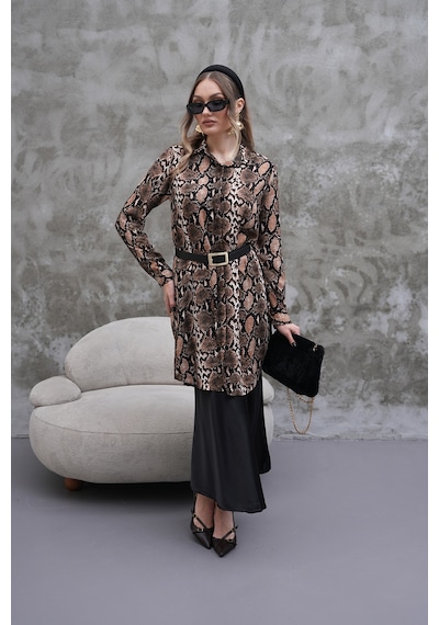 Polologin Butik Yılan Derisi Desenli Tunik Kahverengi & Siyah