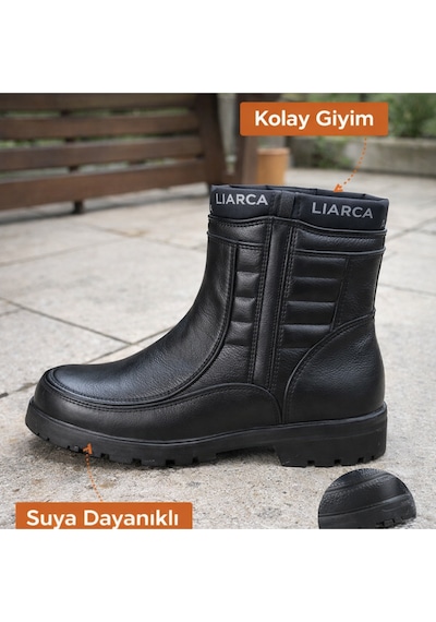 Erkek Kar Botu İçi Yünlü, Fermuarlı, Suya Dayanıklı, Kışlık... Siyah