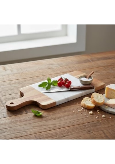 Akasya Mermer Sunumluk 33x13 Cm - Doğal Ahşap Ve Beyaz Mermer Detaylı Peynir, Şarküteri Ve Kahvaltı Sunum Tahtası
