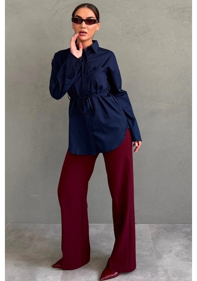 Madmext Lacivert Belden Bağlamalı Oversize Cepli Gömlek Mg2798