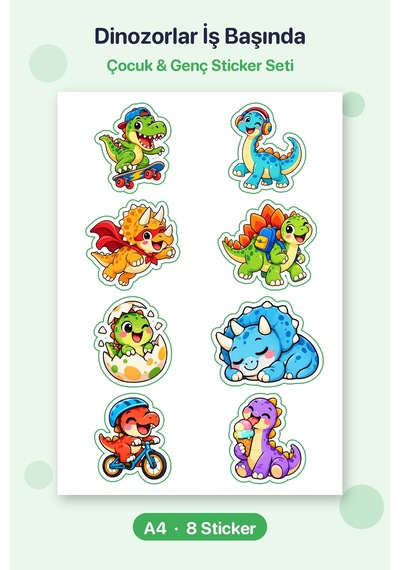 Dinozorlar İş Başında 8 Adet Dinozor Sticker Seti A4 Matara Ve Defter İçin Çok Renkli