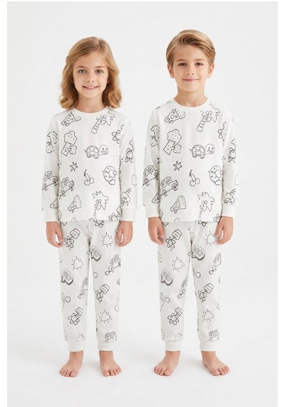 Noble Kids Çocuk Yeniden Boyanabilir Pijama Takımı Ve 6'lı Boya Kalem Seti Beyaz