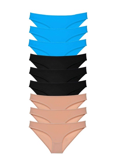 9 Adet Set Likralı Kadın Slip Külot Siyah Ten Mavi