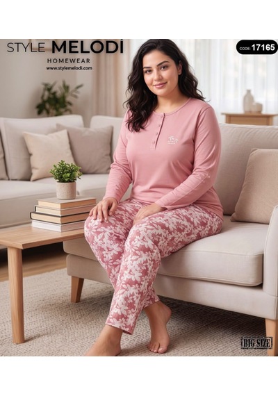 Melodi 17165 Uzun Kol %100 Pamuk Battal Büyük Beden Kadın Pijama Takımı Pembe