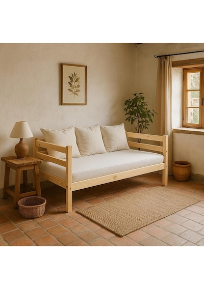 Ahşap Sedir Kanepe 60x190 Cm İç Ölçü Mindersiz Doğal Natural Masif Ahşap Bej