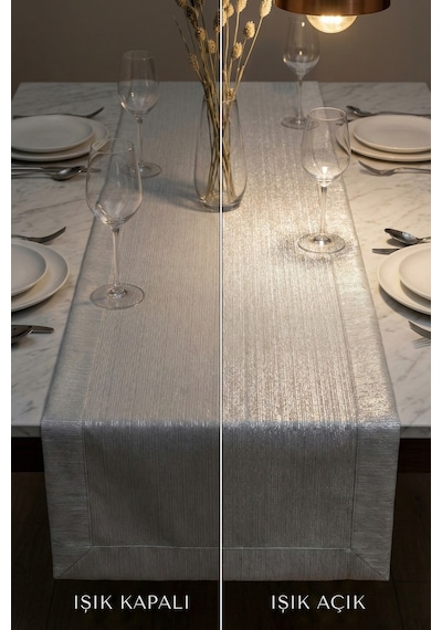 Lumen Serisi Simli Runner Gold / Silver , Premium Çeyizlik Lüks Şık Masa Örtüsü Runner 40x150 Cm Gümüş
