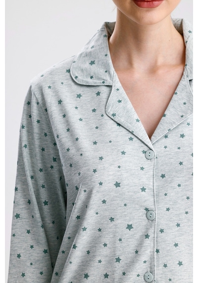 Yeni İnci Yıldız Desen Pamuk Kadın Pijama Takım Yeşil