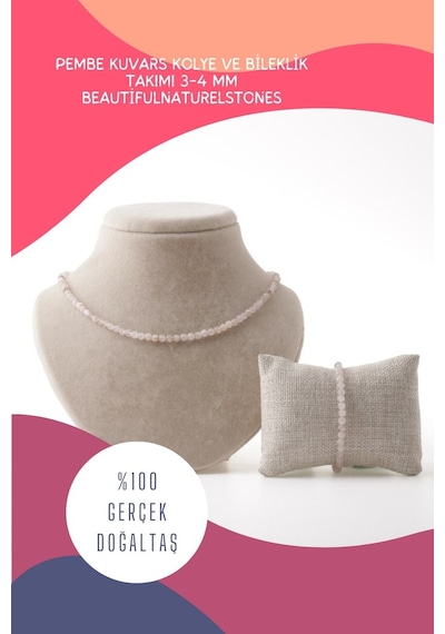 Pembe Kuvars Doğaltaş Kolye Pembe Kuvars Bileklik Hediyeli Pembe